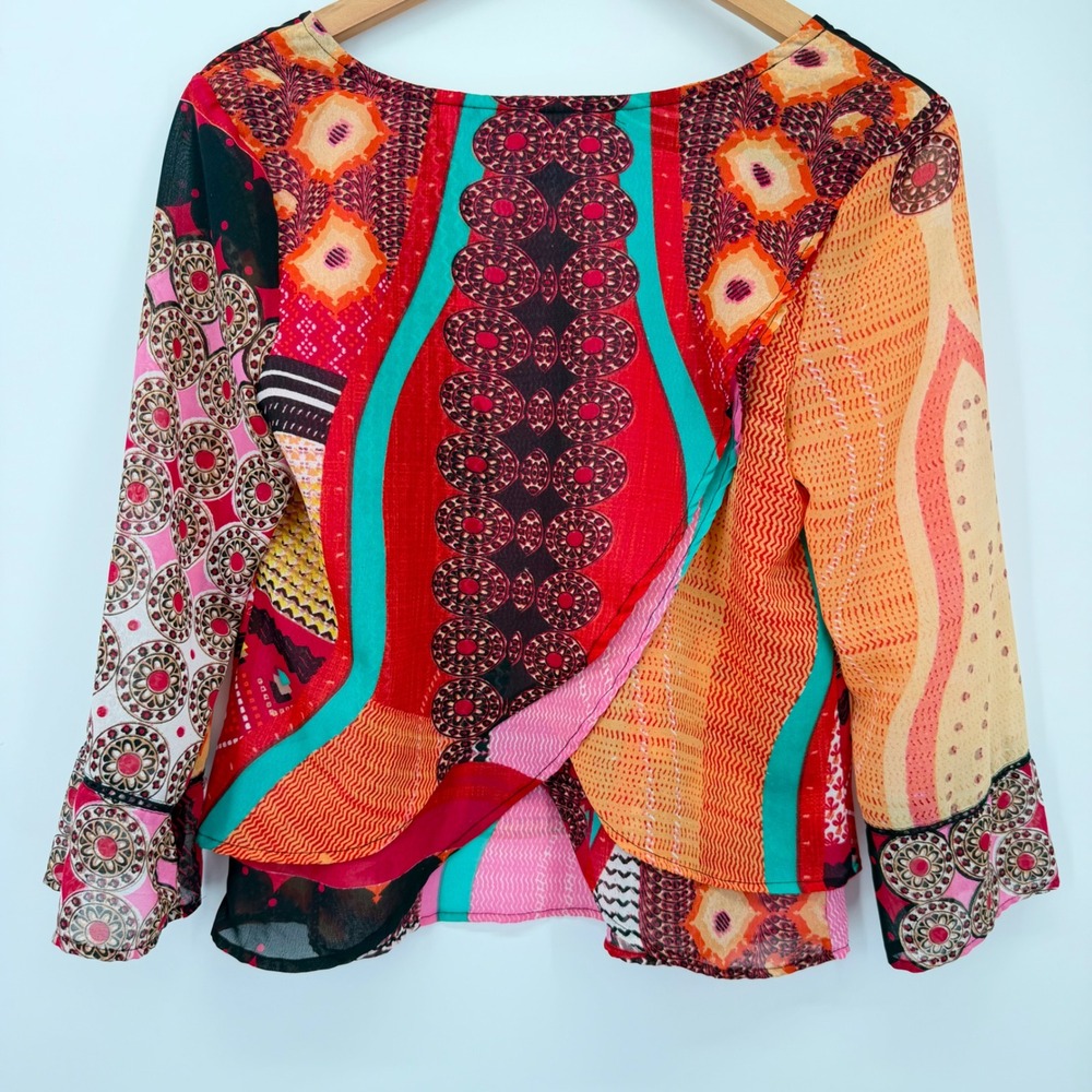 Patrons of Peace Boho Patchwork Print Blouse Size Small Bell Sleeve Sheer Top